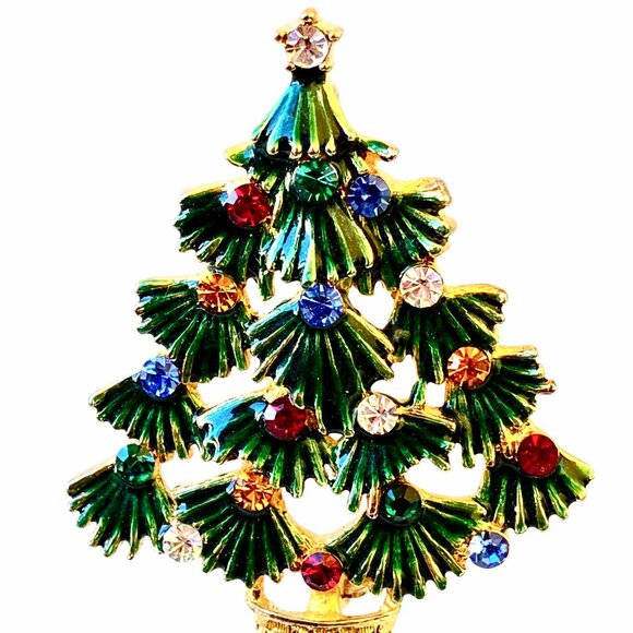 EISENBERG ICE Vintage Christmas Tree Brooch Green Enamel & Rhinestones Signed - Picture 11 of 14